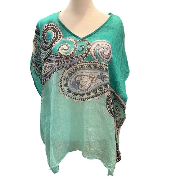 Chicos Topper 100% Linen Top Teal Paisley Coverup Blouse V-Neck Small / Medium - Picture 2 of 9
